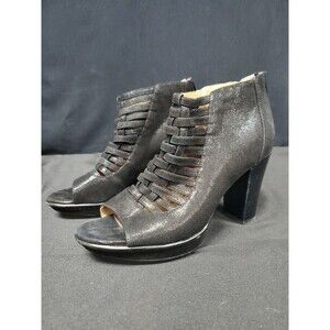 Sofft Renita Black Platform Heel Suede Back Zip Open Toe Caged Size 8.5